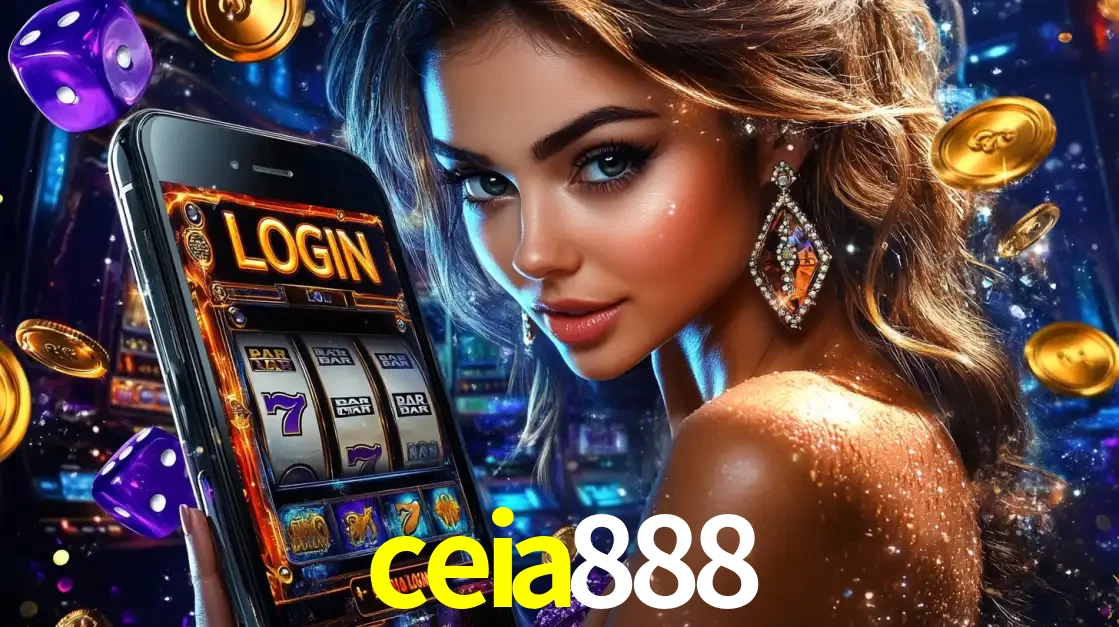 Mulher glamorosa segurando um smartphone com a tela de login para os jogos de caça-níqueis do cassino online ceia888, com moedas de ouro e dados ao redor.