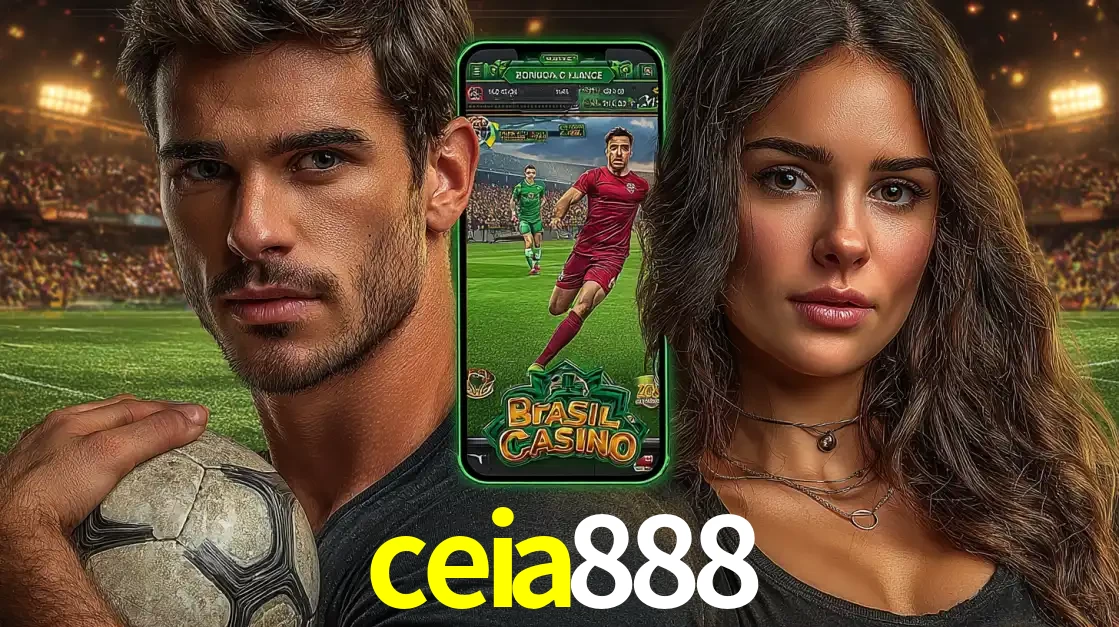 Homem segurando uma bola de futebol e uma mulher ao lado de um smartphone exibindo o jogo de apostas esportivas da ceia888. Faça seu palpite no cassino online.